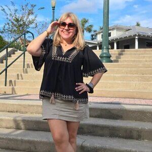 VINE & LOVE - Black Boho Inspired Blouse with Embroidery and Tie Neck Detail - S